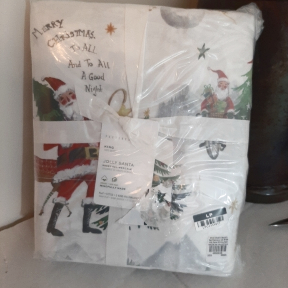 Pottery Barn Jolly Santa KING Cotton Percale Sheet Set - Picture 9 of 12